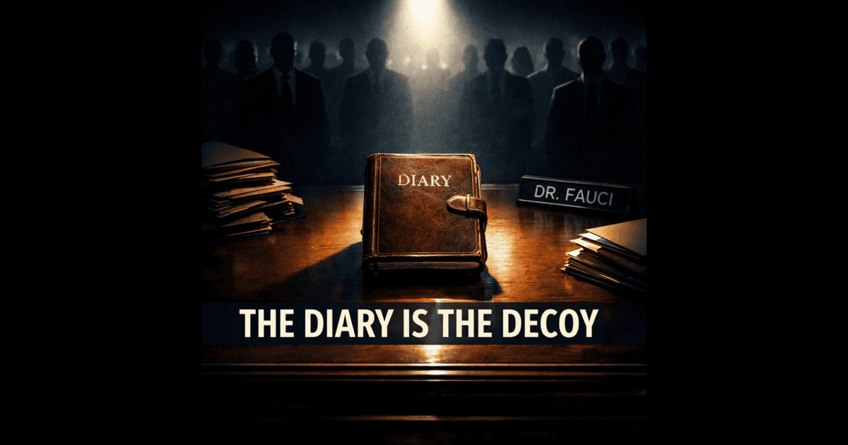 A leather-bound diary sits on a government desk under a harsh spotlight, surrounded by shadows of suited figures — text overlay reads "The Diary Is the Decoy."