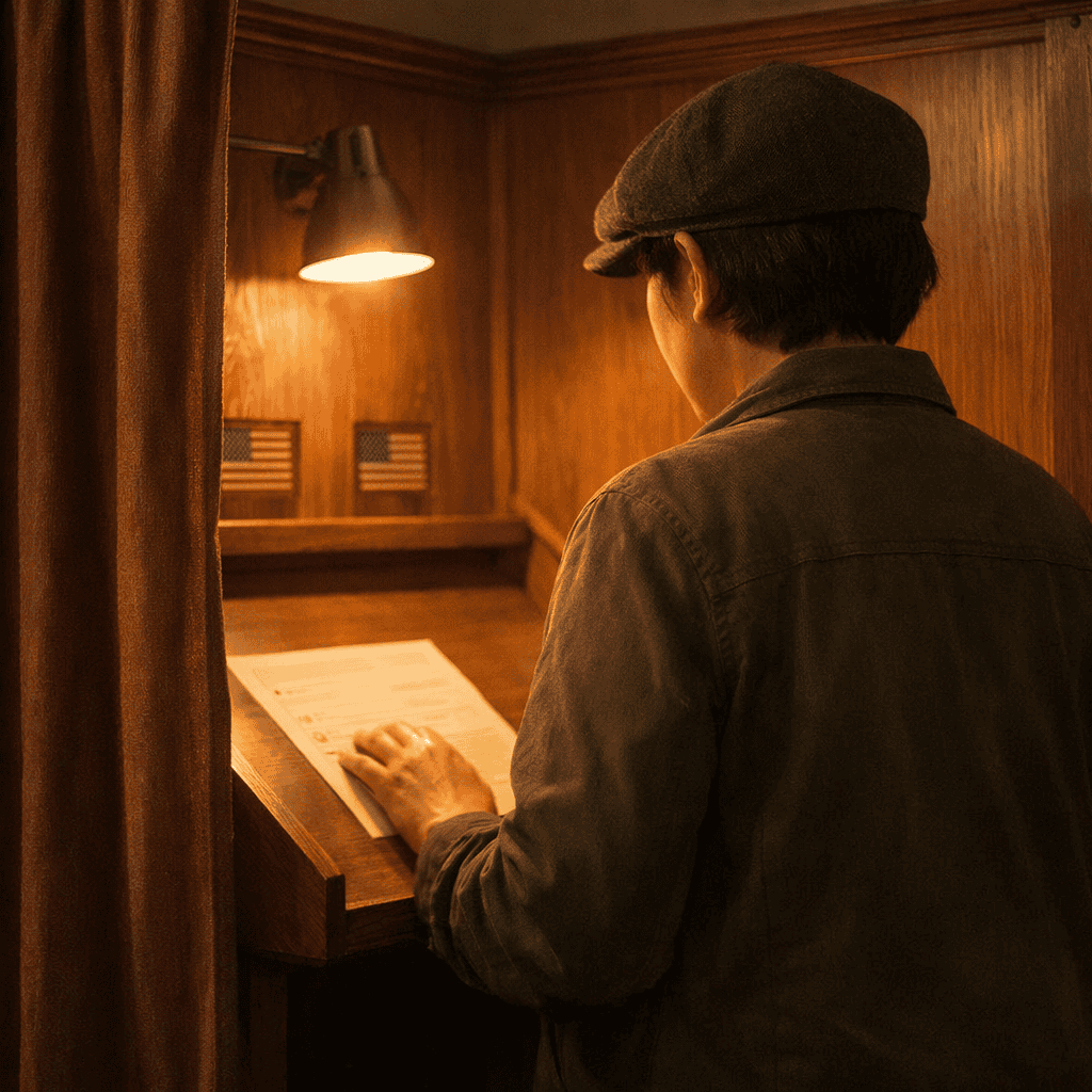 A voter stands alone in a warmly lit, curtained polling booth, hand on their ballot — a symbol of the private, protected franchise the secret ballot was designed to guarantee.